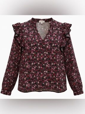 Koko + Mason Floral Ruffle Sleeve Blouse Sheer V-Neck Boho Top Size M